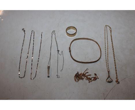 A 9ct gold pearl set pendant hung to a 9ct gold fine link chain; a 9ct white gold pendant set with stones hung to a fine link