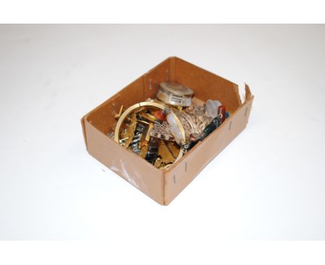 A box of jewellery to include gold plated bangle, a cameo brooch, two bracelets formed from watch parts, various yellow metal