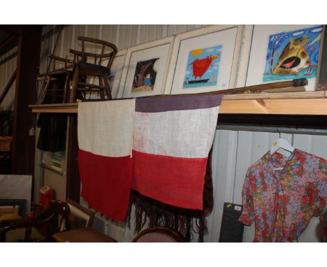 Two vintage French flags with RS Badges on the poles and a pair of vintage crutches 