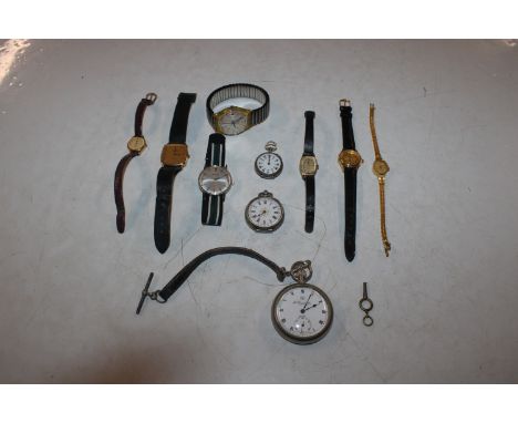 A box of various wrist watches to include Seiko, Swatch, Times etc. two silver cased pockets watches and a fob watch 