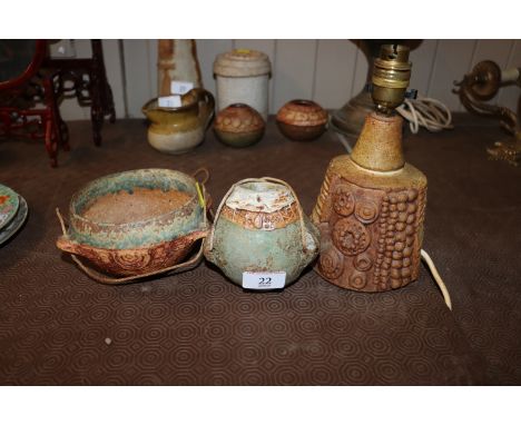 A Bernard Rooke pottery table lamp and two hanging Bernard Rooke pottery bowls 