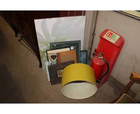 A quantity of various pictures and prints and a light shade