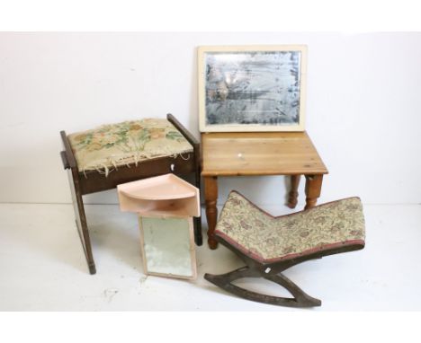 Collection of Furniture including Small Pine Table, Piano Stool, Gout Stool, Victorian Square Footstool, another Stool, Paint