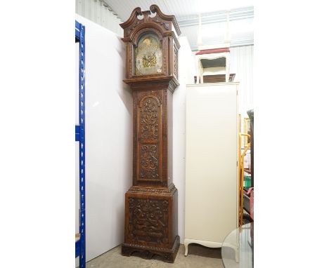 Late 19th / Early 20th century  Oak Longcase Clock, the hood with swan neck pediment and Corinthian columns with brass caps h