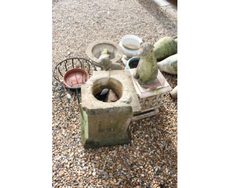 Two reconstituted stone pedestals (tallest approx 51cm), together with three garden planters (featuring a reconstituted stone