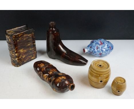 Six Victorian novelty ceramic spirit flasks to include a treacle glazed potato whiskey flask (19cm long), a further potato fo