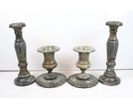 Pair of marble effect urn shaped jardinieres &amp; stands, the stands of reeded form, raised on circular bases. (Measure appr