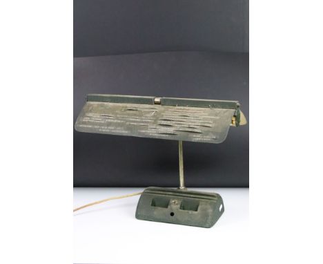 Early-to-mid 20th century desk lamp with cast iron base, vintage contact numbers to shade. (Measures approx 40cm high) 