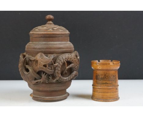 Japanese Carved wooden tea caddy &amp; cover with relief dragon decoration, with metal liner (approx 18cm high), together wit