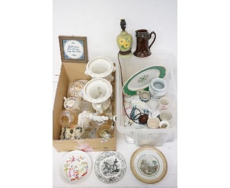 Assorted 19th Century and later ceramics to include Victorian aesthetic movement dish and cover, pair of milk glass vases, De