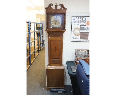 18th century Oak and Mahogany Longcase Clock, with swan break neck pediment, the square hood holding a brass dial with silver