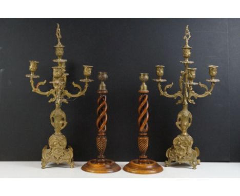 Pair of cast brass five-light candelabra, the branches modelled as Acanthus leaves, each raised on four feet (approx 49cm hig