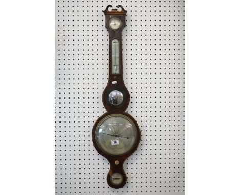 Early 20th Century banjo barometer having a mahogany case with box wood inlay with thermometer, convex mirror and level. Sign