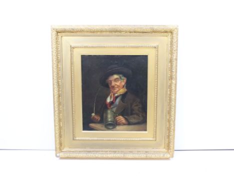 Portrait of a gentleman, holding a pipe and a pewter tankard, oil on canvas, 34 x 29cm, gilt framed 