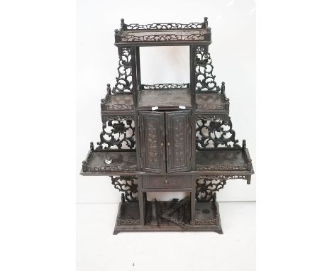 19th century Chinese Hardwood Table Top Display Cabinet comprising four shelves with central cupboard and drawer, each shelf 