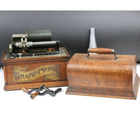 'The Graphophone' early 20th century Columbia Phonograph, Type AT, no. 269135, oak cased, with lid, metal horn, and a quantit