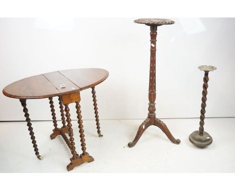 Mahogany Oval Sutherland Table raised on bobbin supports, 57cm long x 56cm high together with a Mahogany Jardiniere Stan, 92c