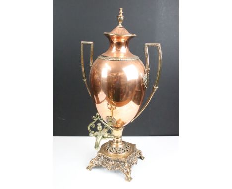 Mid 19th century twin-handled copper Samovar or tea urn &amp; cover of ovoid form, with beaded handles, brass tap and pierced