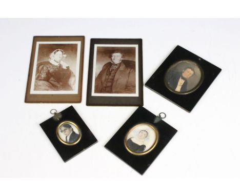 A collection of three hand painted miniature portraits together with two CDV portrait cards. 
