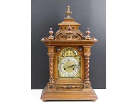 Late 19th century oak &amp; walnut striking mantle clock, the dial with silvered chapter ring (with Arabic numerals) and pier
