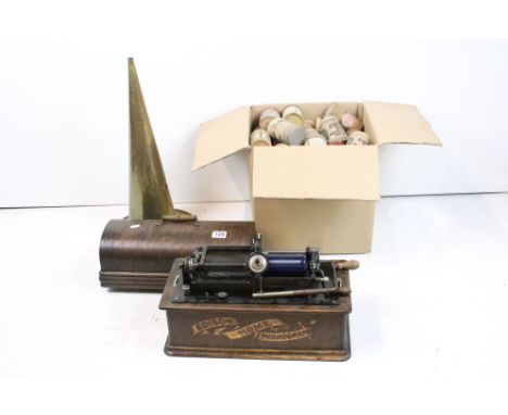 Early 20th century 'Edison Home Phonograph', serial no. H113908, oak cased, with lid &amp; brass horn, plus a collection of b