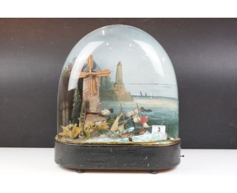 19th Century Victorian diorama automaton featuring a sea side scene including a model boat and windmill under a glass cloche 