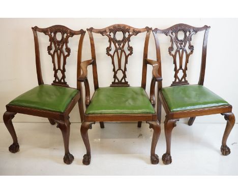 Set of Six Mahogany Dining Chairs in the Chippendale manner with carved inter-laced splats, green leather effect drop-in seat