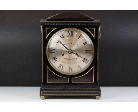 19th Century G &amp; C Gowland Sunderland bracket clock having an ebonised wooden case with gilt details, gilt ring handles, 