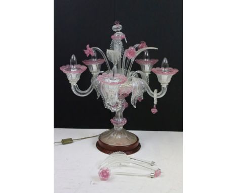 Mid 20th century Venetian style five-light electric candelabrum, in moulded cranberry &amp; clear glass, with floral &amp; le