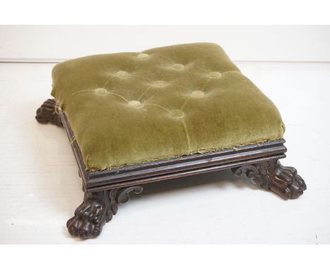 Victorian Rosewood Square Footstool with green button upholstered top and heavily carved lion paw feet, 41cm wide x 14cm high