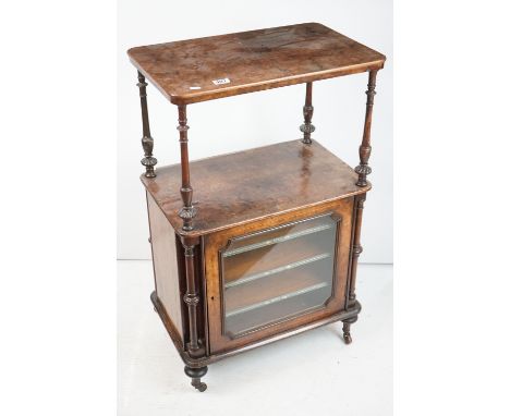 Victorian Walnut and Burr Walnut Music Cabinet with shelf above a single glazed door opening to three shelves with leather tr