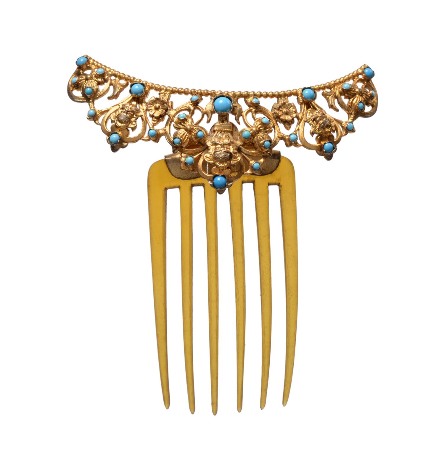 19th Century Hair Comb, with gilt metal shaped mount of floral design ...