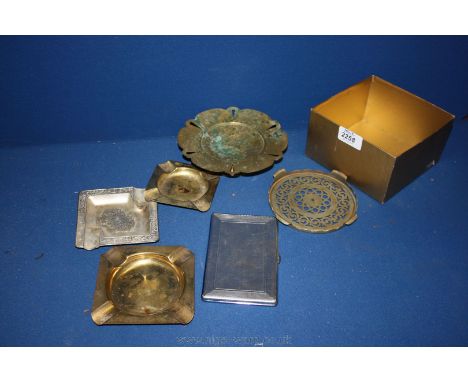 A Brass Butterfly Tazza, Three Ash Trays, A Stand & Cigarette Case with Engine Turned Decoration.