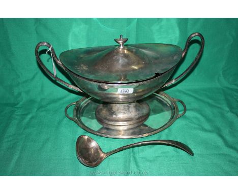 A large Epns two handled Soup Tureen of oval form, 17'' long x 10'' tall and a Soup Ladle by Elkington, and oval Epns Tray.