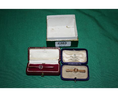A 9ct Gold pearl and amethyst Bar Brooch (one stone missing) and a 9ct Gold aquamarine Bar Brooch.