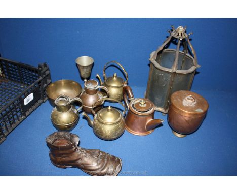 A quantity of Copper and brass including ice cream Mould, small teapot, lantern, boot, etc.