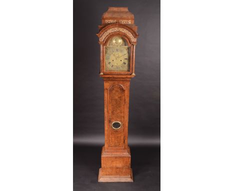 A Dutch burr walnut longcase clock, 18th century, of one month duration, William Gib, Rotterdam, the stepped caddy top over t