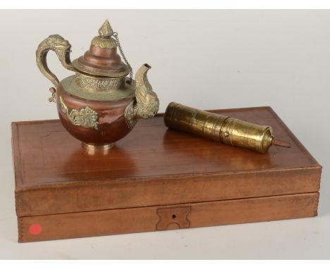 A leather bound backgammon set, 48.5 x 26cm, a South East Asian copper and brass teapot and a middle eastern brass spice grin