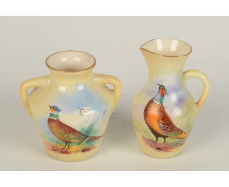 A Locke & Co Worcester painted jar and jug, signed J.Ross and H.Wall, each decorated with a pheasant, heights 7cm and 6cm    
