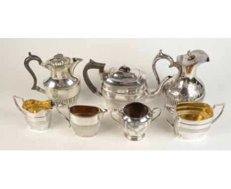 A three piece rectangular section tea service in George III style, together with four other pieces.