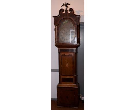 A George III oak and mahogany longcase clock, the brass dial signed ' R.H. Thomas, St Day', above a shaped door flanked by a 