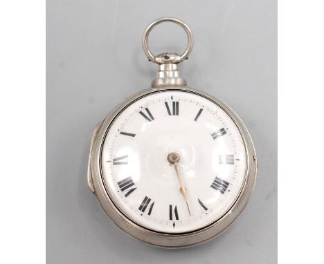 A George III silver pair case pocket watch with white enamel dial, the movement signed Goldsmith Liverpool and numbered 8037,