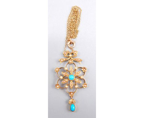 A 15ct gold pearl set pendant and chain with central turquoise and a turquoise drop.    Condition report:  No pearls missing.