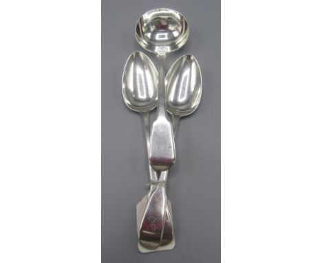 A late Georgian fiddle pattern sauce ladle and a pair of Victorian fiddle pattern dessert spoons, 5.1oz.
