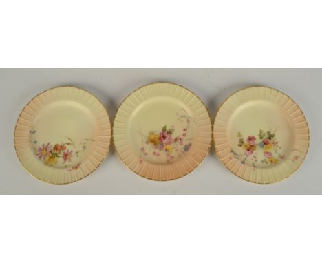 Three Royal Worcester blush ivory plates, with floral decoration, shape number 1589, diameter 17.5cm.   Condition report:  