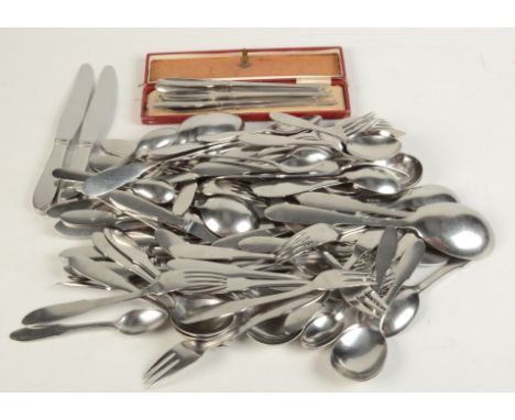 Miscellaneous Georg Jensen stainless steel flatware, comprising nine fish knives and eight forks, six dinner forks, nine soup