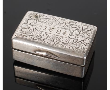 A Chinese small silver snuff box with gilt interior, the floral engraved lid dated 1894, maker's mark Hong Ki.