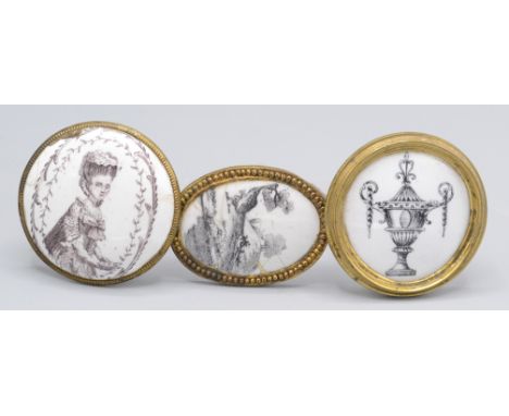 Three enamel and brass curtain tie backs, 18th century, decorated with a classical urn, a landscape scene and a lady in perio