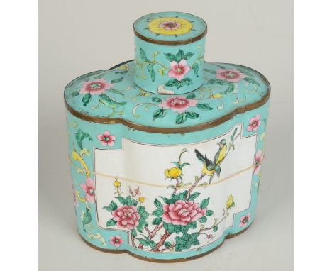 A Chinese enamel tea caddy the turquoise ground painted with floral sprays, two opposing white cartouche panels, one with bir