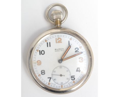 A Buren WW II keyless military pocket watch, the back with broad arrow over G.S.T.P. /H11923 the 15 jewel movement signed 'Bu